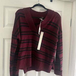 a.n.a Burgundy and Black Striped V-Neck Sweater